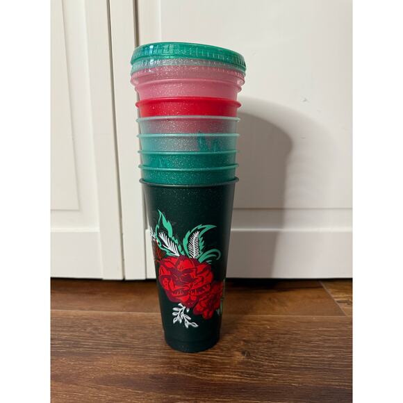 Starbucks 2022 Holiday Reusable Cold Cups 24 oz Set of 8 Cups 3 Lids - Picture 8 of 8